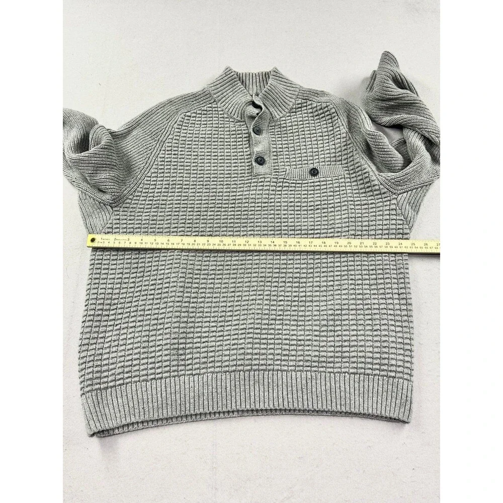 Duluth Burly Retirement Button Mock Sweater Men's Gray Pullover Heavy Waffle